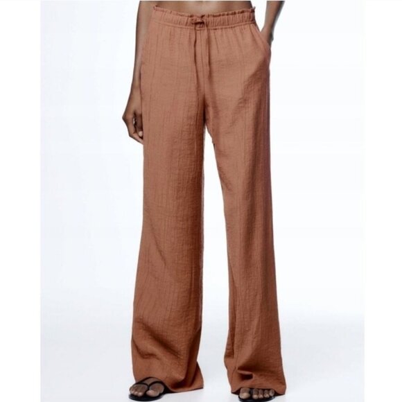 Zara Pants - Zara Elastic Waist Pull-On Wide Leg Gauzy Terracotta Pants Size Lg